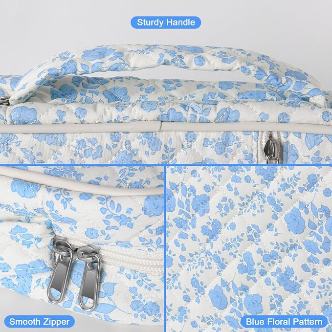 Large Bible Cover Case for Women, Large Floral Quilted Cotton Bible Carrying Cases Protective Bag with Handle and Zippered Pocket for Christian, Bible Study Supplies Christian Gifts (Blue Floral)