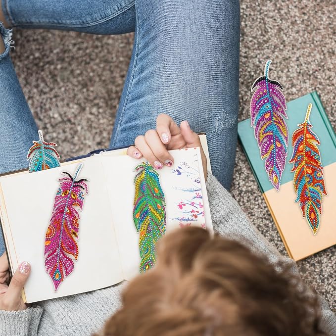 Hooqict 6Pcs 5D Diamond Art Painting Bookmarks Acrylic Diamond Art Feather Bookmark with DIY Painting Kits for Beginners Kids Adults Book Lovers Birthday Graduation Halloween Christmas Gift