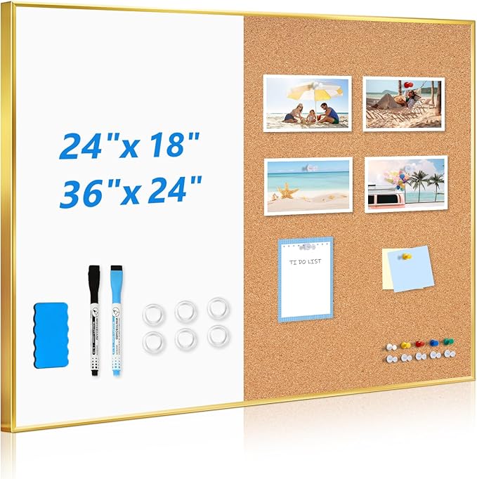 White Board Cork Board Combo, 36'' x 24'', Magnetic Dry Erase Board and Pin Board for Wall, Gold Aluminum Frame Bulletin Board for Home Office School with Accessories