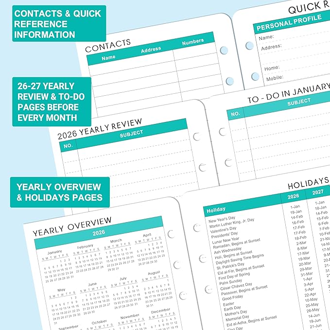 2026-2027 Planner Refills - 4" x 7", A6 Weekly and Monthly Planner Inserts, Jul. 2026 - Jun. 2027, Planner Refills 2026-2027, 6 Holes, Colorful Monthly Tabs