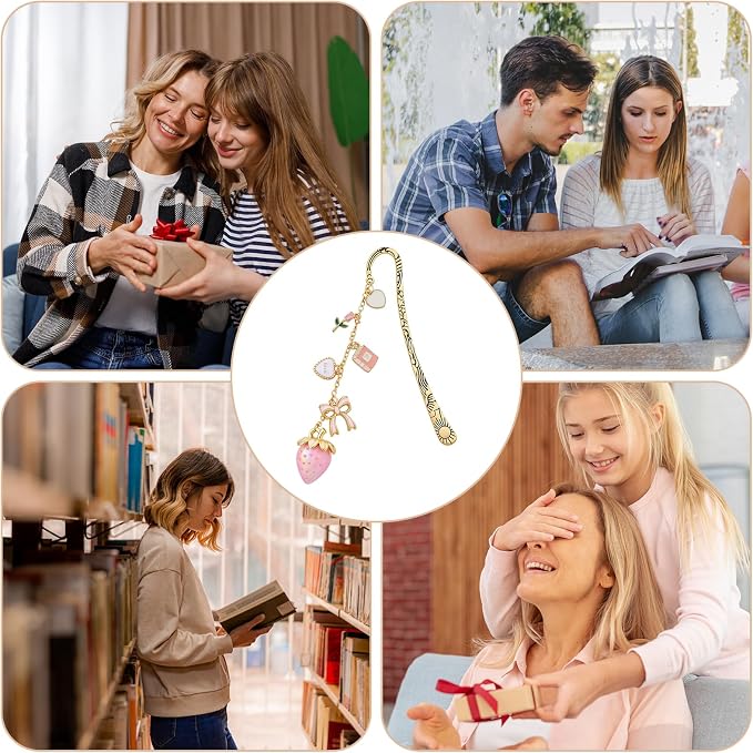 Cute Metal Bookmark Gifts - Gold Aesthetic Strawberry Bookmarks for Women Book Lovers Pink Bow Flower Charm Pandent Page Marks School Reading Accessories Bookish Birthday Graduation Gift