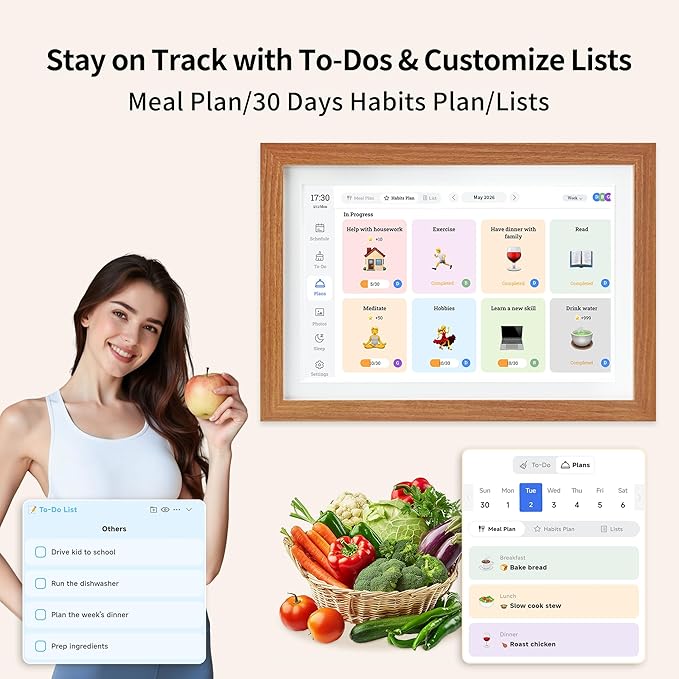 Digital Calendar & Smart Chore Chart, 10.1'' Touchscreen Family Organizer with Multi-Calendar Sync, Reward System, Photo Frame Mode, Desk or Wall Mount, Teak, No Subscription