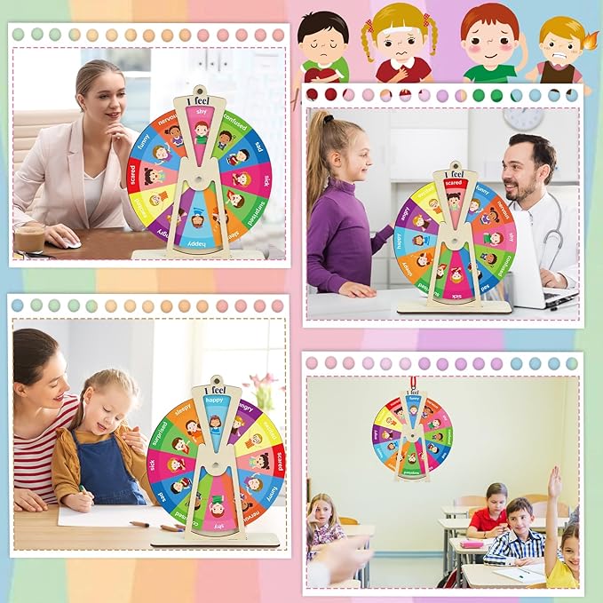 Wooden Feelings Wheel Emotion Wheel with Stand 9.5Inch Therapy Office Desk Decor Expression Emotions Chart Mental Health Gifts Therapist Must Have Feelings Poster Sign Emotional Psychology Tool Decor