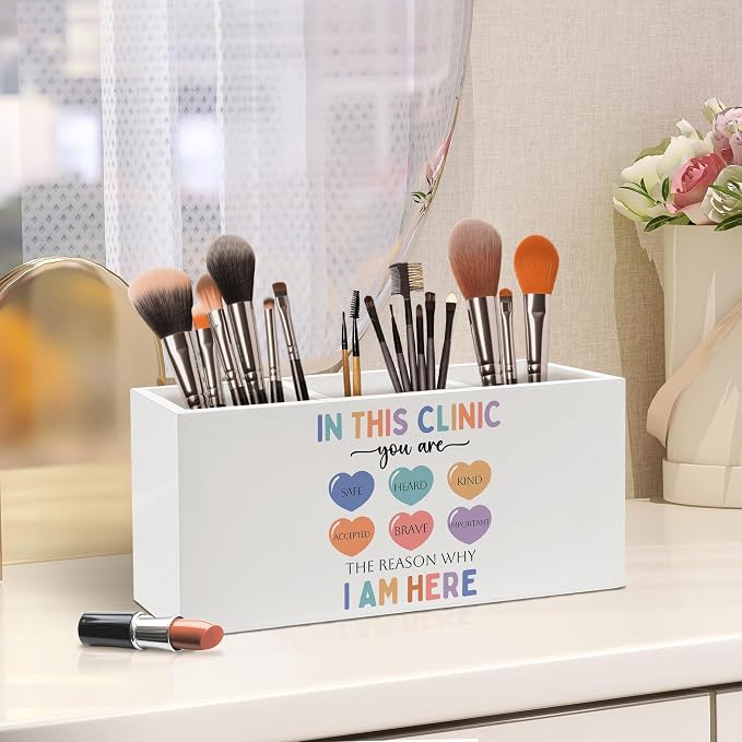 Mental Health Pen Holder, Therapy Office Pen Pencil Holder Organizer for Desk Accessories, in This Clinic You Are Safe Wooden Box Desk Decor for School Nurse Therapy Office Desk Decorations