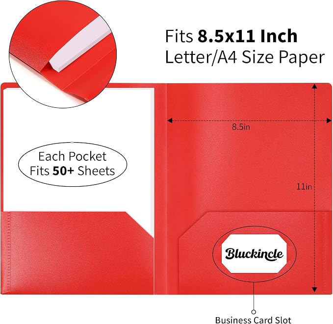 6 Pack Folders with Pockets Red, 2 Pocket Plastic Folder with Pockets for School File Folder for Documents Letter Size with Business Card Slot Back to School Office Teacher Supplies