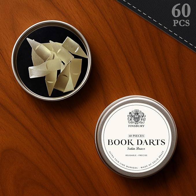 Gold Book Darts Line Markers with Protective Tin - 60 Count - Precision Mini Book Mark Page Markers for Reading and Study - Reusable & Archival Quality (Brass, 60)