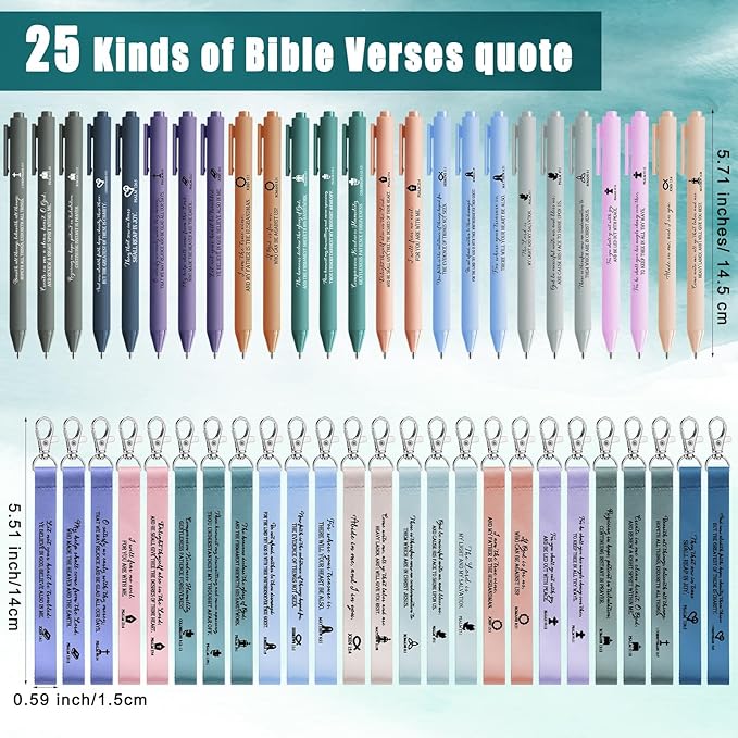 Sinload 25 Set Christian Gift Bulk Bible Emergency Numbers Bookmark with Silicone Keychains Scripture Quote Pen Religious Study Supplies for Father Day Church Bible Study Group (Watercolor)