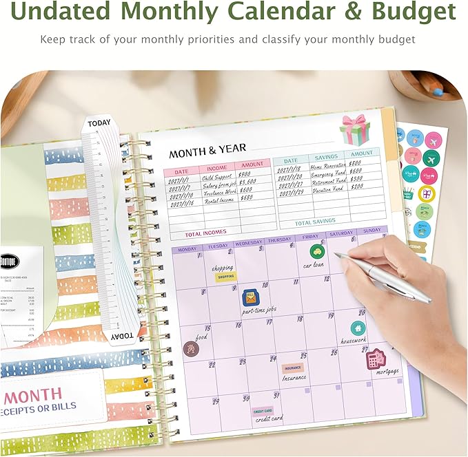 Ospelelf Budget Planner and Monthly Bill Organizer, Spiral Bindding Money Expense Tracker with Pockets & Stickers, 9" X 11" Large Pages for Spacious Writing, Original Fun Colorful Design, 12 Month Financial Notebook Green Floral
