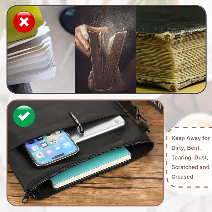 Book Sleeves with Zipper, Travel Book Protector Pouch for Paperbacks & Hardcover Books, Book Covers Bags Carry Case/Front Pocket & Handle Strap for Book Lovers Mother's Day (Black, 1 Pc)