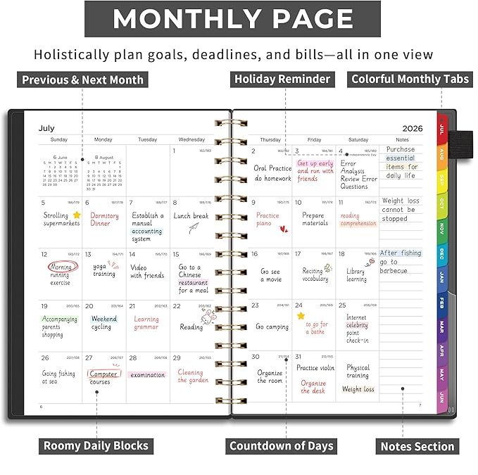 EMSHOI Academic Planner 2026-2027, Weekly and Monthly Calendar (July 2026 - June 2027), School Student Teacher Agenda Book, 100GSM Paper, PVC Cover, Colorful Tabs, A5 (6.38" x 8.35"), Black