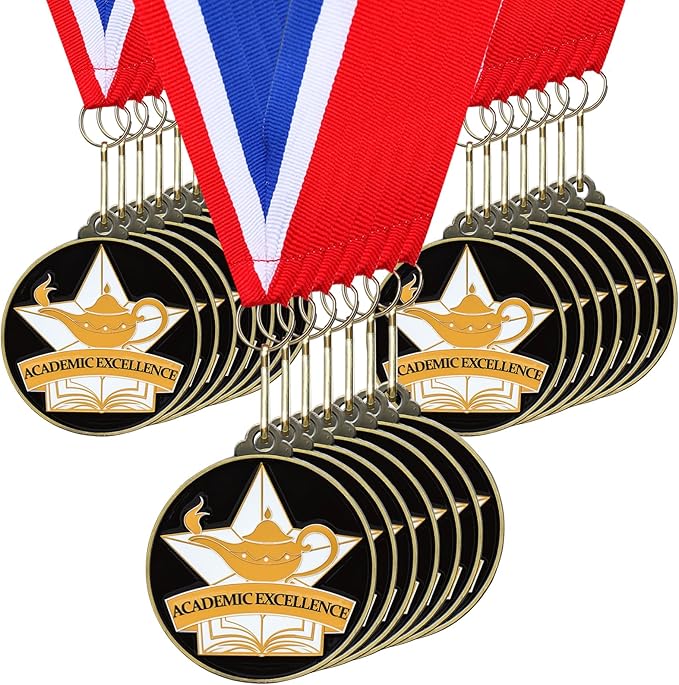 Cunno 20 Pcs Academic Excellence Medals Bulk 2'' Academic Award Medals with Neck Ribbon Trophy Prizes Winner Gift for School Classroom Students Teaching Competitions Supplies