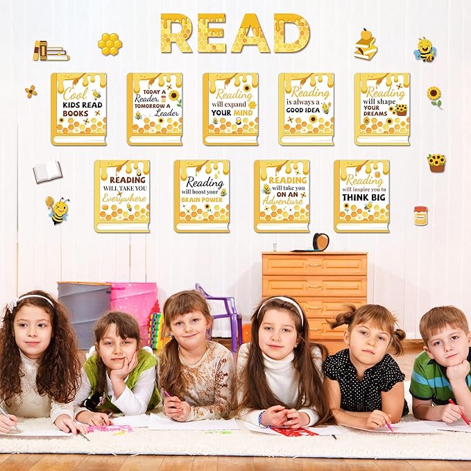 Qyeahkj Bee Reading Bulletin Board Poster for Classroom Motivational Bulletin Board Bumble Bee Sunflower Cutouts Elementary Educational Prints Poster for Teachers Kindergarten Preschool Library