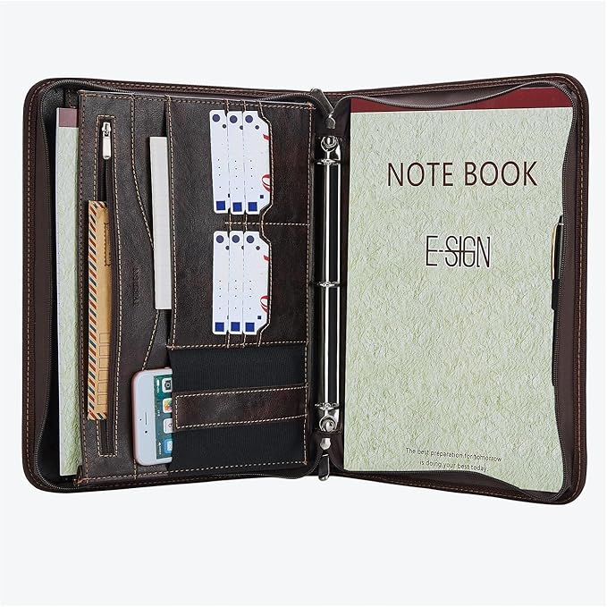IVESIGN Zippered Padfolio Binder, Faux Leather Organizer with 3-Ring Binder, Left-Handed Design, Business Card Slots & Document Folders - Professional Padfolio for Office (Dark Brown)