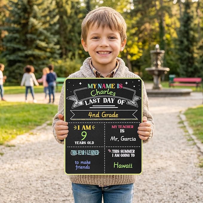 First & Last Day of School Sign - 11x14 Double-Sided Reusable Chalkboard with 7 Chalk Markers - Photo Prop Keepsake Gift for Kids Preschool Kindergarten 1st-5th Grade Back to School