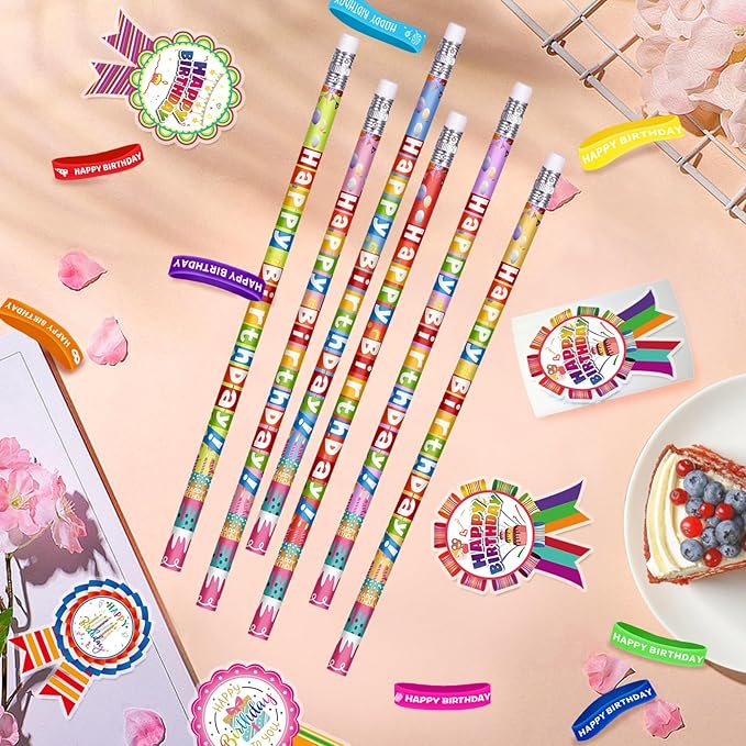 Birthday Pencils Set: 24 Happy Birthday Pencils, 24 Rubber Wristbands, 200 Badge Stickers - Multicolor, Unisex - 248 Pieces