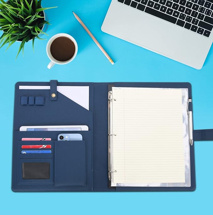 Wonderpool A4 PU Leather Portfolio Holder Ring File Document Case with Removable Binder Clipboard, Multi Pocket and Legal Pad for Business Organizer Interview and Meeting (Dark Blue)
