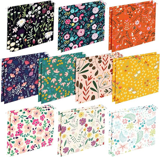 Qeeenar 20 Pcs Decorative Hanging File Folders Letter Size Cute File Folders Designer Floral File Folders Colored File Folder Organizer for Filing Cabinet Office Home with 1/5 Cut Adjustable Tabs