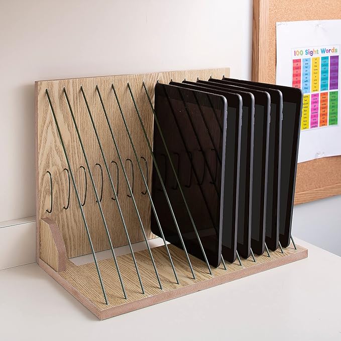 Fun Express Wooden Storage Rack & Charging Station Organizer – Multi-Device Holder for Classroom, Office, or Home – School Supply Organizer for iPads, Tablets & Laptops – 14.5 x 11 x 7.5 Inches