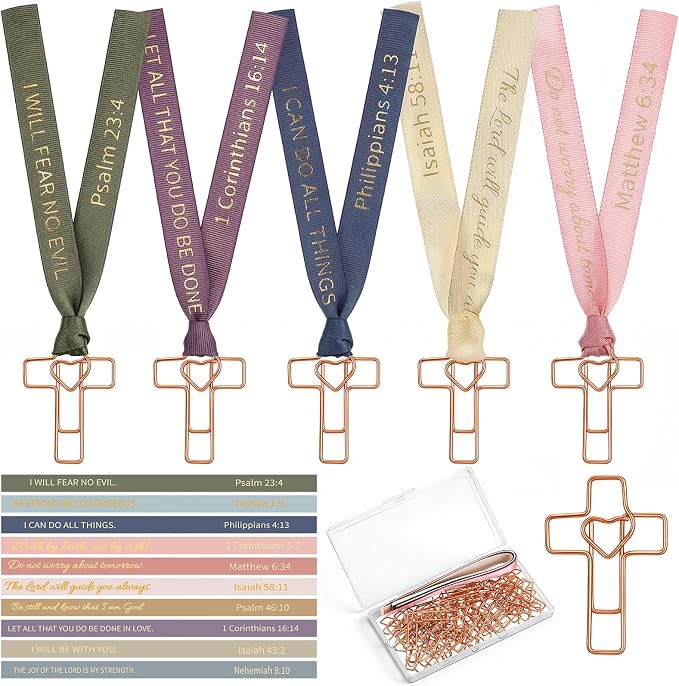Resurhang 80 Pack Heart Cross Paper Clips with Ribbons 40 Rose Gold Bible Paper Clips 40 Christian Bookmark Ribbons Bible Study Journaling Supplies Easter Eggs Fillers Women Christian Gifts