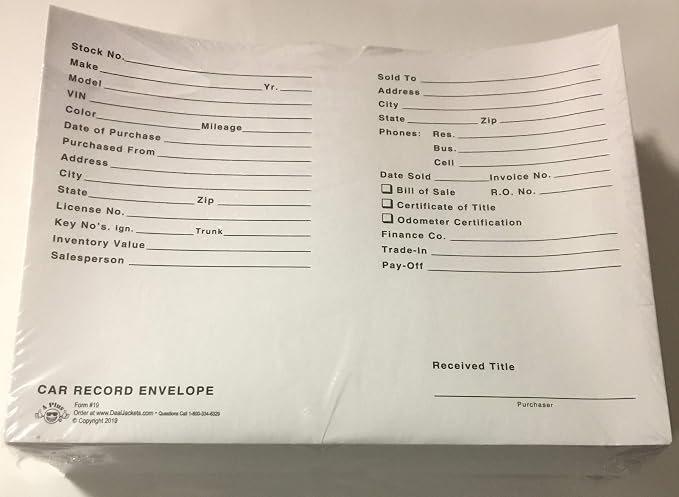 A Plus Car Record Envelope #19 Vehicle Dealer Jackets, 100 Quantity, White (V3)