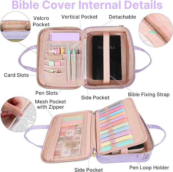 PUGPIU Bible Cover Case for Women, Large Quilted Bible Bag with Shoulder Strap and Handle, Bible Study Supplies Journaling Kit with Highlighters Pens No Bleed Tabs Notebook Cross Clips (Light Purple)