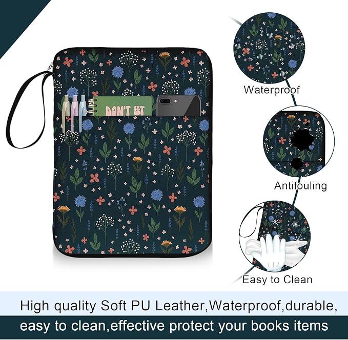 Flower Leaf Book Sleeve Kindle Pouch, Book Protector Case with Zipper, PU Leather Waterproof Book Cover Bag, Portable Book Pouch for Book Lovers Gifts Paperbacks Bibles Hardcover Black