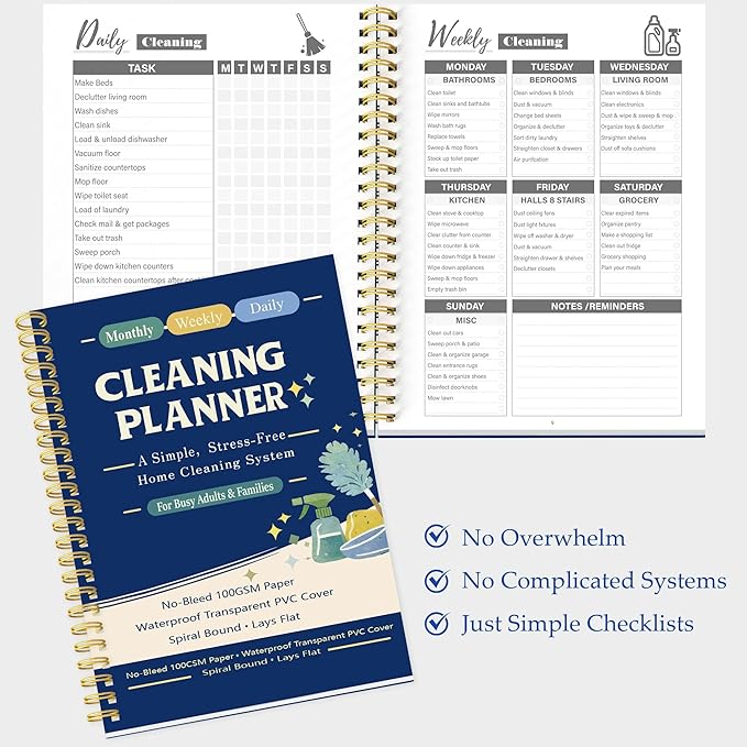 Cleaning Planner & Chore Checklist Organizer – Monthly Weekly Daily Cleaning Schedule Notebook, No-Bleed 100GSM Paper, Waterproof Transparent PVC Cover, Spiral Bound Home Cleaning Planner for Busy Families
