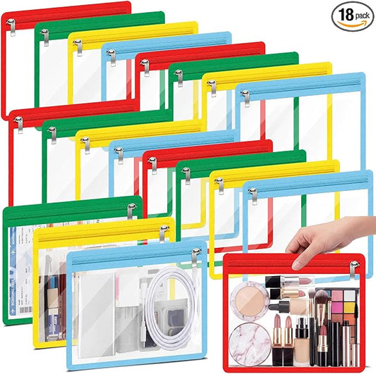 Ireer 18 Pcs Clear Zipper Pouches PVC Waterproof Pouch Bags Transparent Zipper Pouch Clear Storage Bags Multipurpose for Organizing Travel Cosmetics Document File (Multicolor,8 x 9.8 Inch)