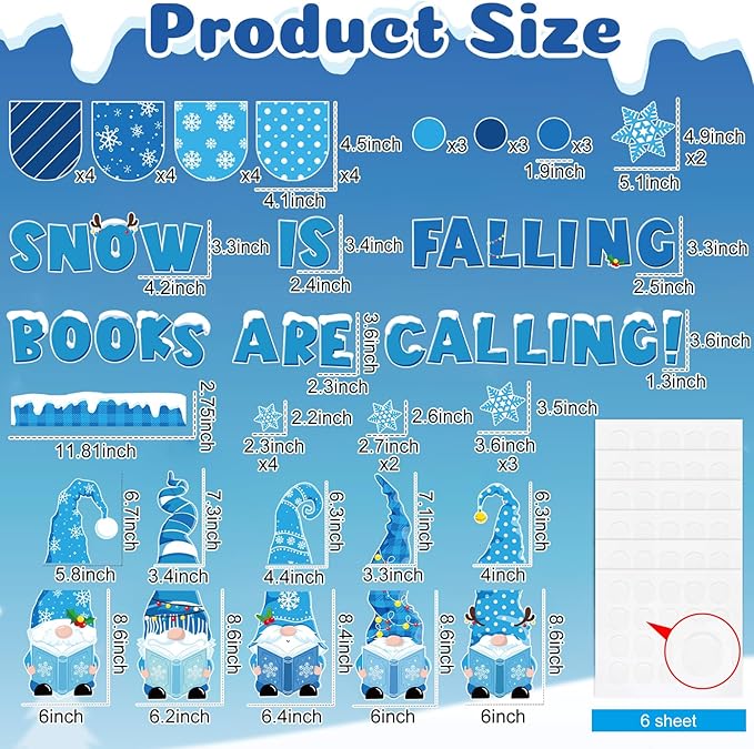 Winter Gnome Bulletin Board Set Snow is Falling Books are Calling Reading Classroom Decorations Blue Banner Snowflakes Paper Cutouts for Office Library Reading Corner Wall Holiday Display