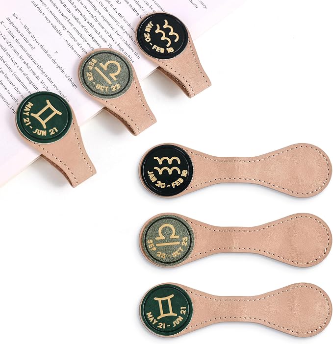 3 PCS Leather Magnetic Bookmark Clips, Zodiac PU Leather Bookmarks for Book Lovers, Full Set of Book Clip Accessories, Wind Direction Constellation