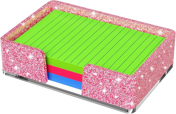 Sticky Note Holder, Glitter Pink Acrylic Notepad Holder 4x6 in Self-Stick Note Dispenser Office Desk Accessories, Memo Pad Holder Organizer for Classroom School Supplies