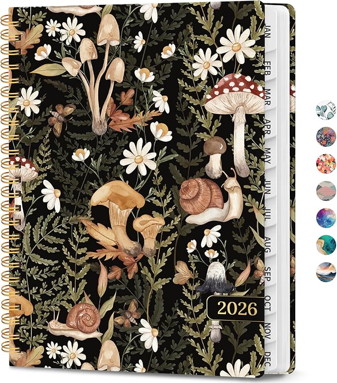 2026 Planner, Weekly and Monthly Calendar Planner Book, January 2026 - December 2026, Hardcover Spiral Planner with Monthly Tabs, Notes Pages, Perfect for Women & Men, A5 (6.4" x 8.5") - Mushroom