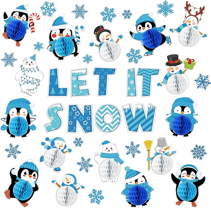 Naozinebi 53PCS 3D Winter Honeycomb Bulletin Board Snowflake Penguin Bulletin Board Set Christmas Party Supply Snowman Bulletin Board Let it Snow Paper Cutouts with School Classroom Wall Decor