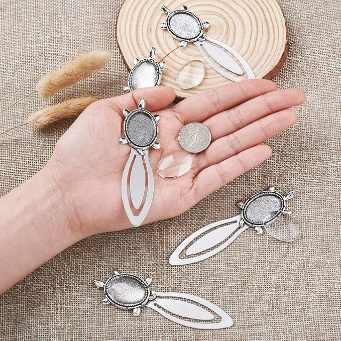 FASHEWELRY 20Pcs Antique Silver Bookmark Pendant Tray Kit Include 10Pcs 25x18mm Tortoise Oval Blank Bezel Base Setting Charms with 10Pcs Clear Glass Dome Tiles Cabochons