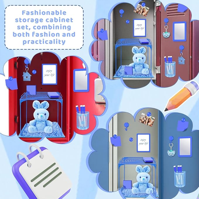 Demonwer Locker Accessories with Locker Shelf Locker Mirror Magnetic Pen Holder Sticky Note Whiteboard Mat Blue Locker Organizer for Work Mesh Metal Shelf Accessories Kit for School Office Supplies