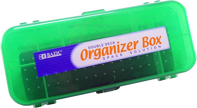 Double Deck Organizer Box, 8.25" x 3.25" x 1.5", 2 Latched Sides - 5 Compartments (2-Pack, Random Color: Black, Red, Blue, White)