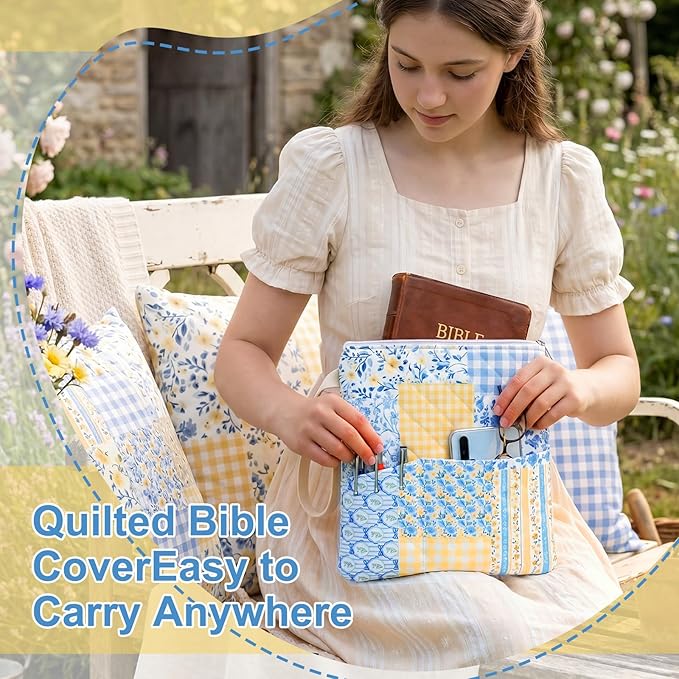 Gilprop Blue Yellow Spliced Bible Book Sleeve with Zipper 11" x 9" Padded Protector Washable Quilted Book Covers Printed Bible Pouch with Handle Pockets Protector for Books Lover Christian Gifts