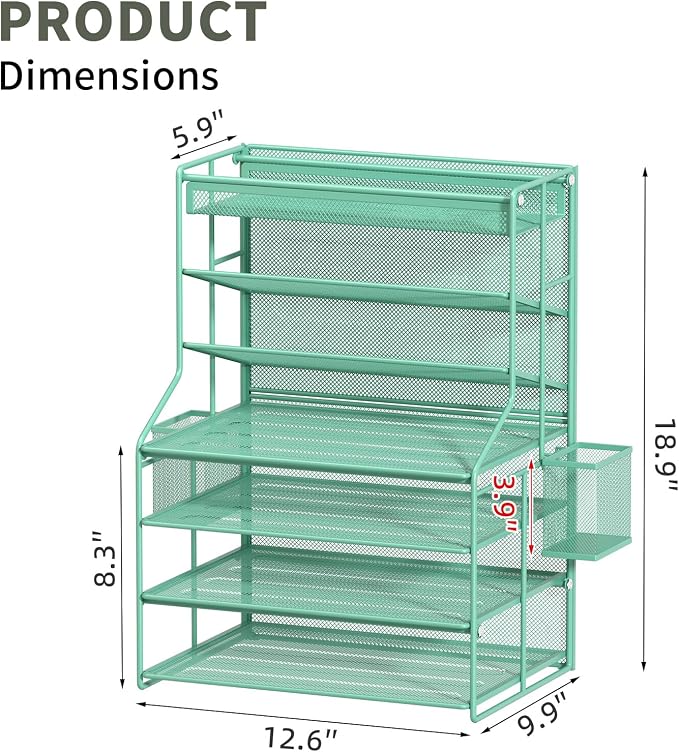 White 7 Tier Desktop File Organizer, Letter Tray Paper Organizer with Pen Holder and Metal Hanging Basket, Adjustable Vertical Desk Organizer for Office Desk Accessories