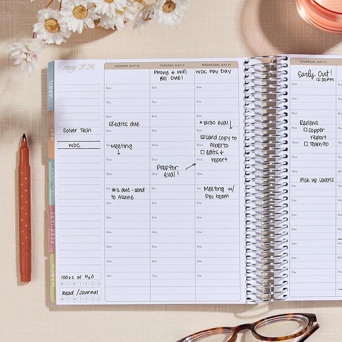 7x9 Coiled Life Planner (January 2026 - December 2026) - Hexagon classic cover, hourly layout, Bouquet theme, platinum coil