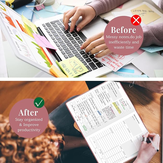 JUBTIC Meeting Notebook for Work with Sticky Tabs - Office & Business Project Planner for Notes Taking, Meeting Agenda/Minutes Organizer for Women Men, 160 Pages (7”x10”) - Rose Gold