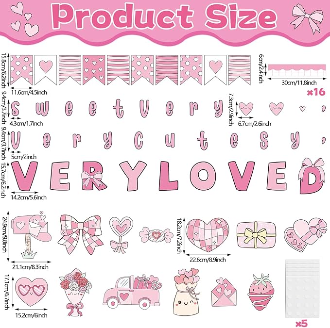 Valentine's Day Bulletin Board Decorations Set Very Cutesy Very Loved Pastel Pink Classroom Decoration Valentines Bows Candy Love Heart Cutouts for School Home Chalkboard Wall Decor Party Supplies