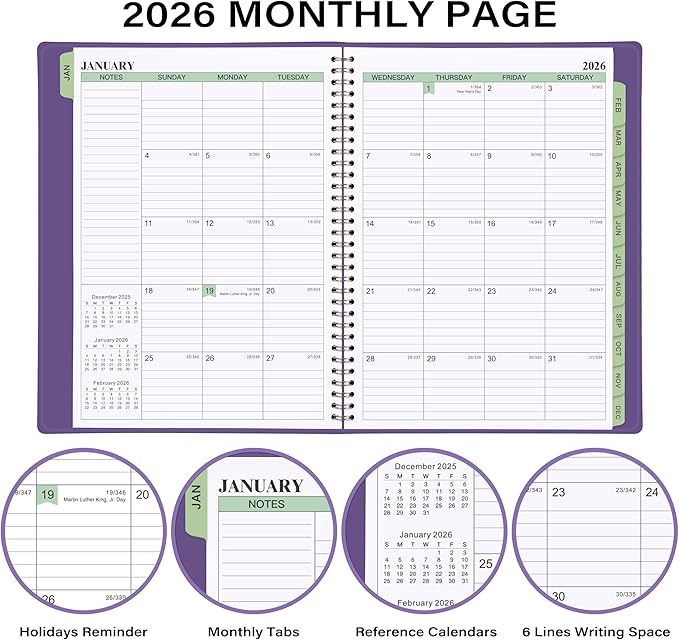 2026 Planner - Planner 2026 Weekly and Monthly, 11.38'' x 8.74'', 2026 Calendar Leather Planner, JAN 2026 - DEC 2026, Daily Hourly Appointment Book, To Do List, Monthly Tabs, Faux Soft Leather, Back Pockets - Purple