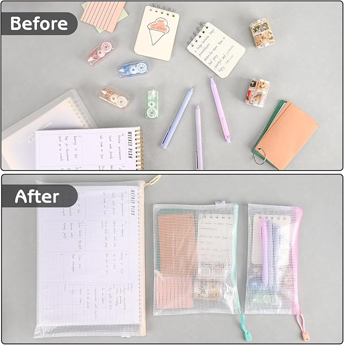15Pcs Mesh Zipper Pouch Bags, 3 Sizes Waterproof Mesh Bag, Zipper Pouches for Organization Storage, Clear Plastic Bags for Homeschool Organization and Board Game Storage (A4 & A5 & A6)