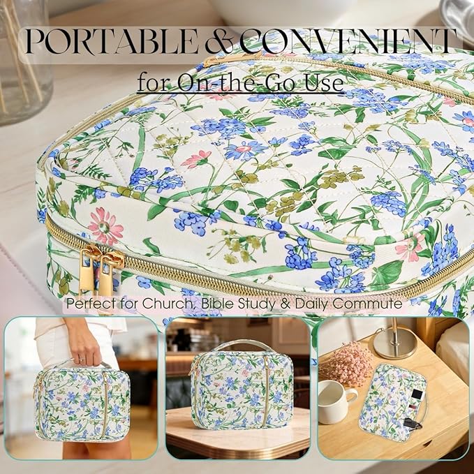 Flower Bible Cover Cases, Quilted Cotton Bible Bag with Multi Pockets 26 Pcs Study Supplies Journaling Kit, Durable Book Carrying Cases Easter Stuffers Gifts with Green Blue Flower Print