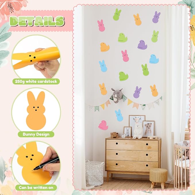 Yopyame Easter Bulletin Board Cutouts - 78pcs Easter Bunny Peeps Rabbit Chick Cutouts Paper Cutting Bulletin Board Decor Bunny Chick Name Tags Cutout Classroom Wall Decor for Kindergarten Preschool