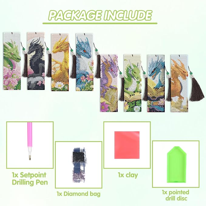 Dragon Diamond Art Bookmarks Kit: 8 Pcs Diamond Painting Bookmark with Tassels, Fantastic Dragon Book Marks for Book Lovers, Gifts for Reading Men DIY Crafts