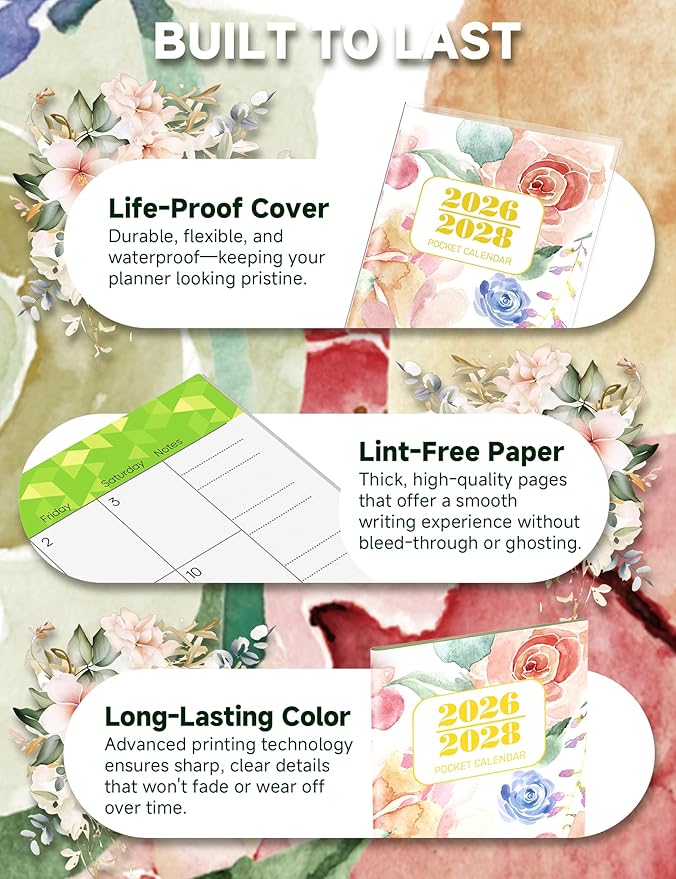 Pocket Calendar 2026-2028 Floral Series, Monthly Planner Jan 2026 to Jul 2028 (3.7" x 6.7") Perfect Purse Calendar, Pocket Agenda with Protective Plastic Sleeve-Multicolor Floral