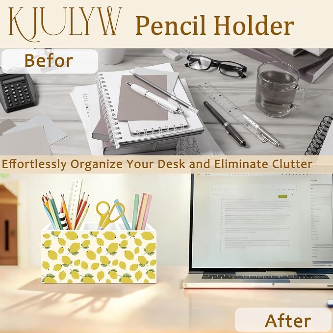 Lemon Pen Holder for Desk, Lemon Themed Gifts, Summer Yellow Fruit Wooden Box Pencil Pen Holder Organizer for Home Office Desk Accessories