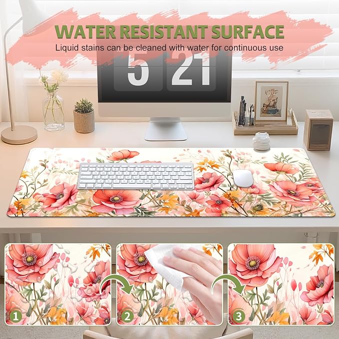 XXL Desk Pad Mouse Pad, Large Gaming Mouse Mat with Stitched Edges, Non-Slip Waterproof Rubber Base Mous Mat for Office Computer Keyboard Laptop Home Decor Women (35.4X17.5 in), Coral Flowers