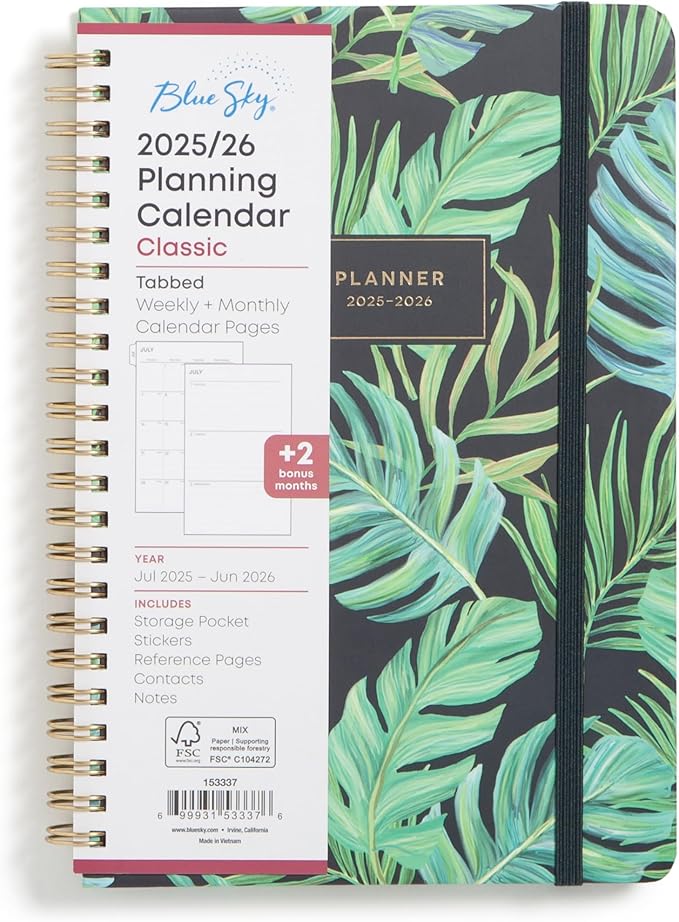 Blue Sky 2025-2026 Weekly and Monthly Academic Year Planner Calendar, July 2025 - June 2026, 5" x 8", Hard Cover, Wirebound, Storage Pocket, Laminated Tabs, Stickers, Avra